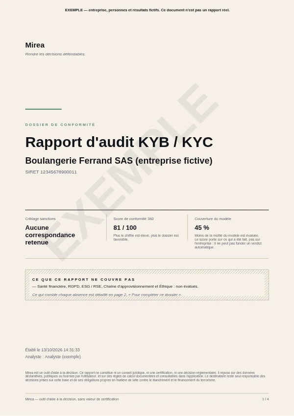 Couverture du rapport d'exemple : criblage, score de conformité 360, couverture du modèle, et ce que le rapport ne couvre pas.